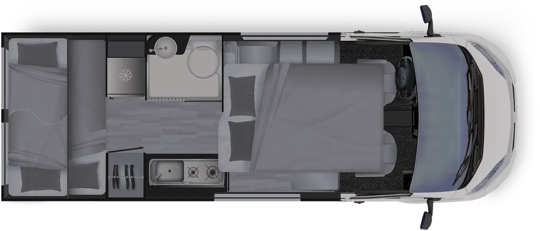 Grundriss Dreamer Camper Five – Nachtstellung mit gemachten Betten
