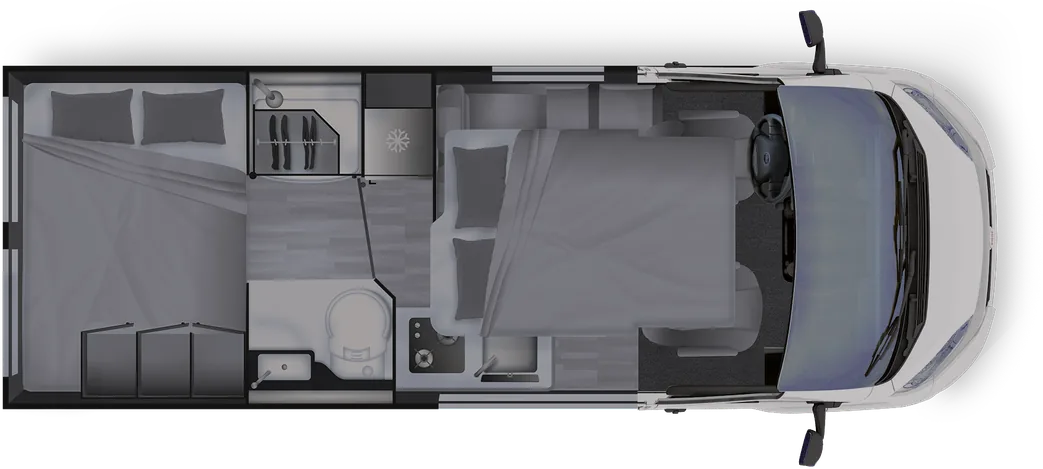 Grundriss Dreamer Camper Van XL Select – Nachtstellung mit gemachten Betten