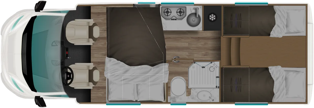Grundriss Itineo PJ700 – Nachtstellung mit gemachten Betten